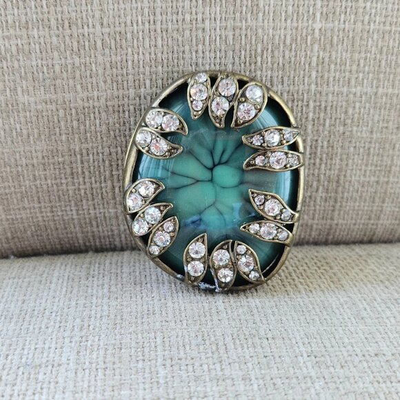 Women Ring Big Face Statement Ring Bronze Tone Green Faux Stone Fashion Jewelry - Picture 7 of 11